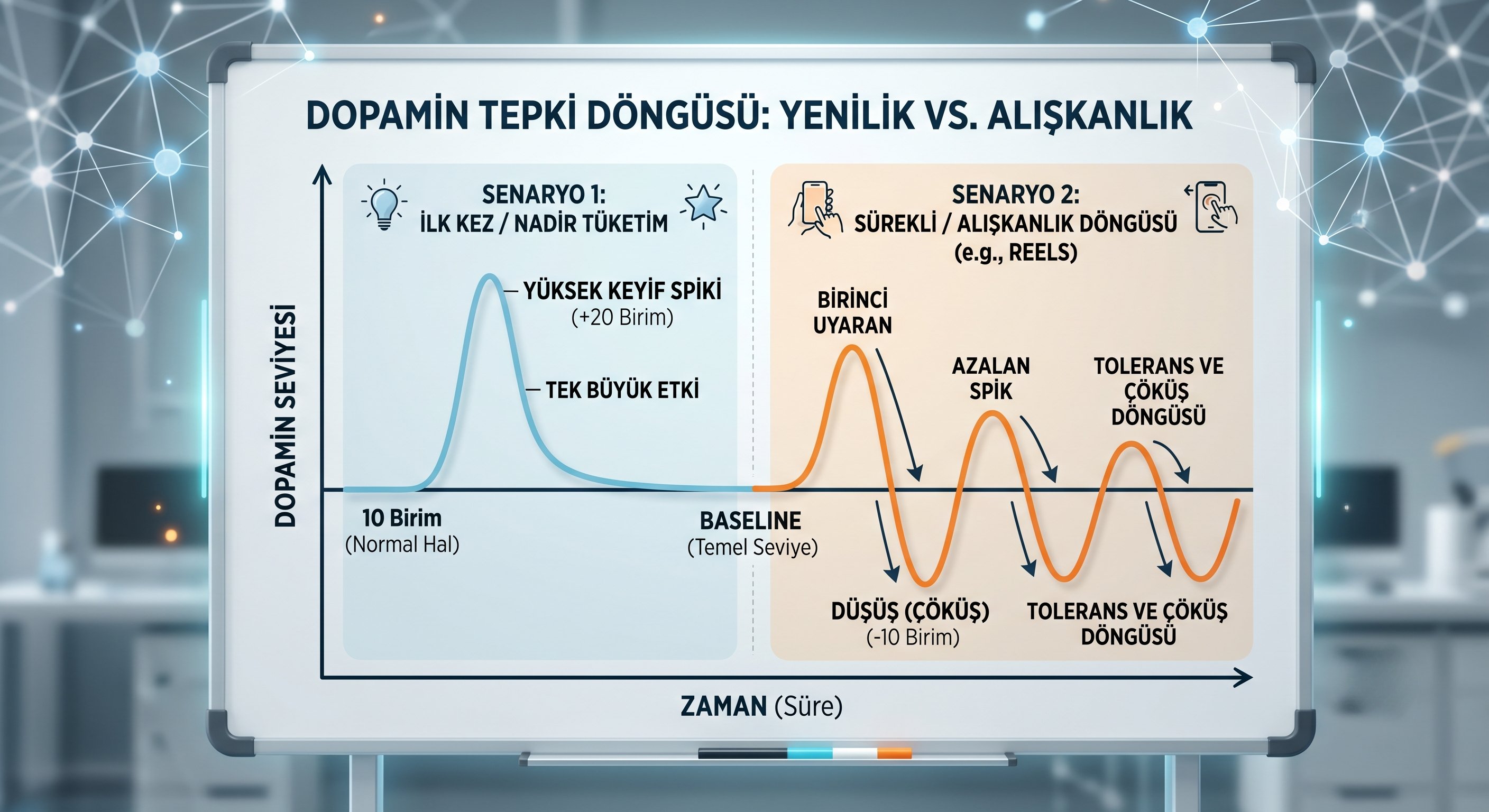 Dopamin Tepki Döngüsü: Yenilik vs. Alışkanlık grafiği — iki senaryo karşılaştırması