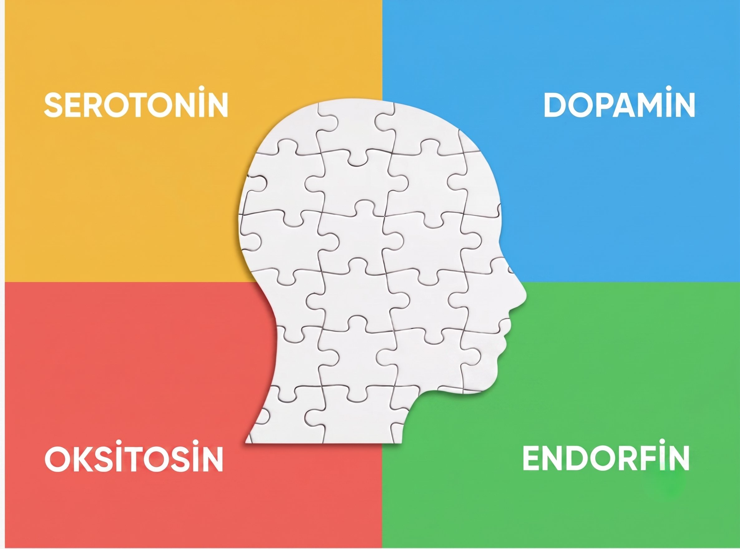 Dopamin, Serotonin, Oksitosin ve Endorfin hormonlarını gösteren beyin bulmacası illüstrasyonu